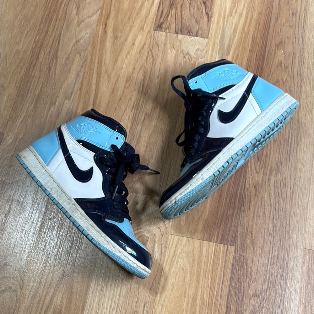 Nike Jordan 1 Retro High Blue and White Patent Athletic Shoes High Top